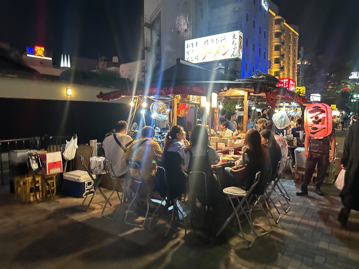 Yatai food stalls and their counters on a Hakata street at night
